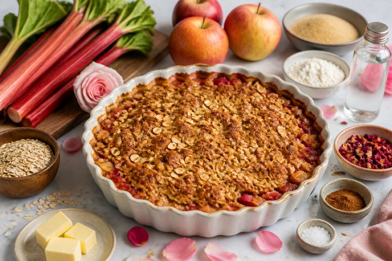 Recette du gratin de rhubarbe et pomme à la rose