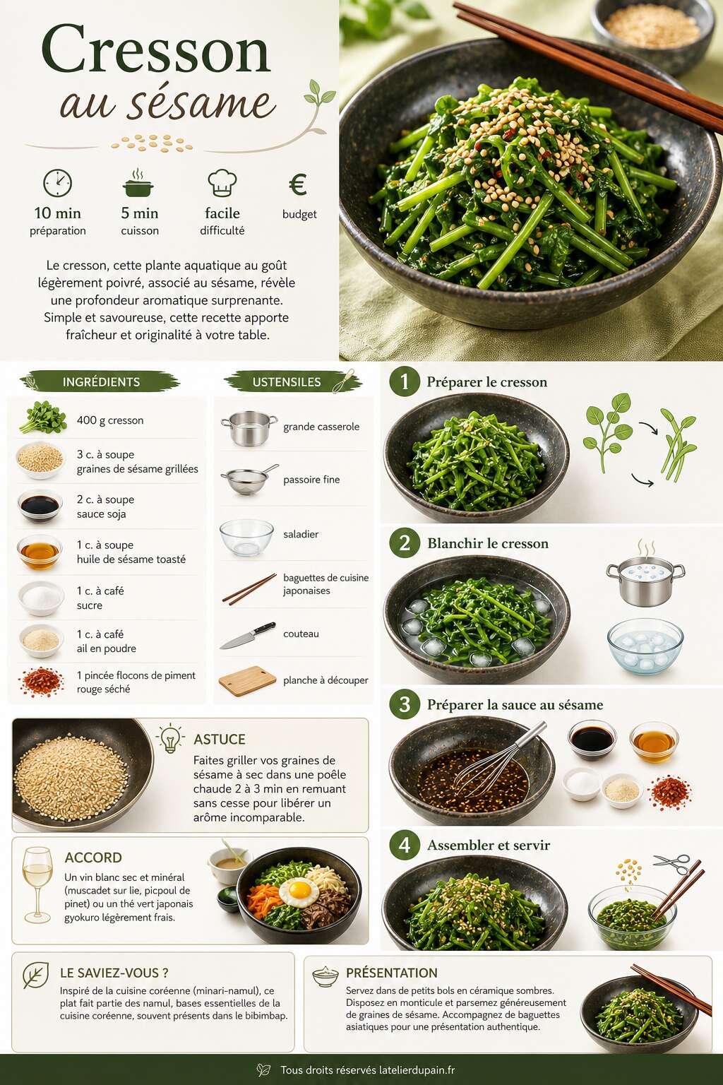 Fiche recette Recette de cresson au sésame : simple et savoureux Fiche recette Recette de cresson au sésame : simple et savoureux