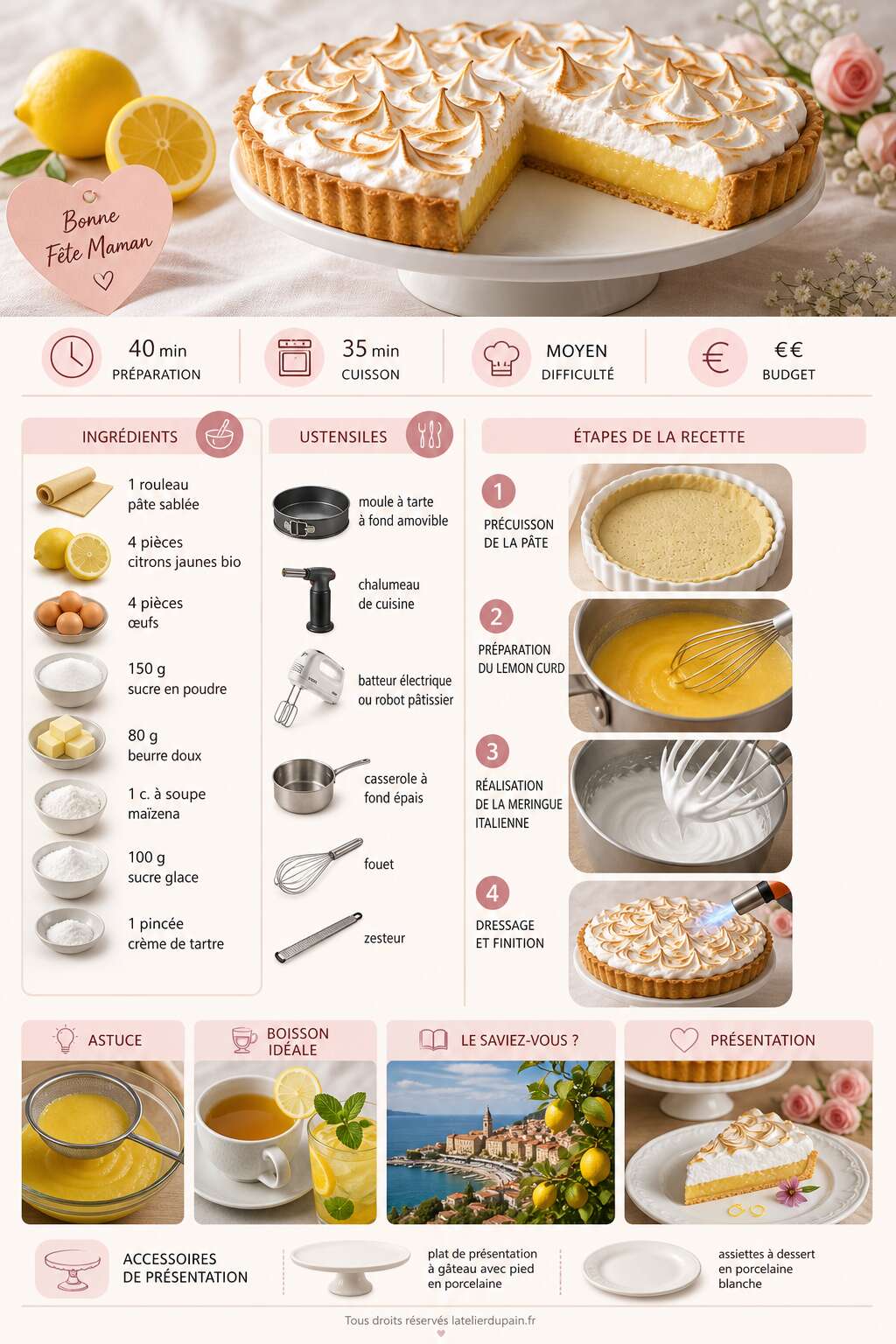 Fiche recette Recette de tarte au citron meringu&eacute;e sp&eacute;ciale f&ecirc;te des m&egrave;res
