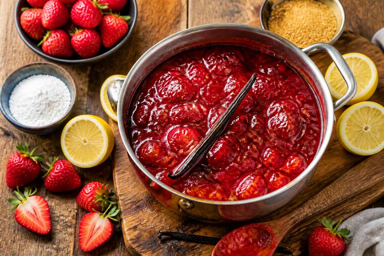 Recette de confiture de fraises allégée au sucre roux et stévia