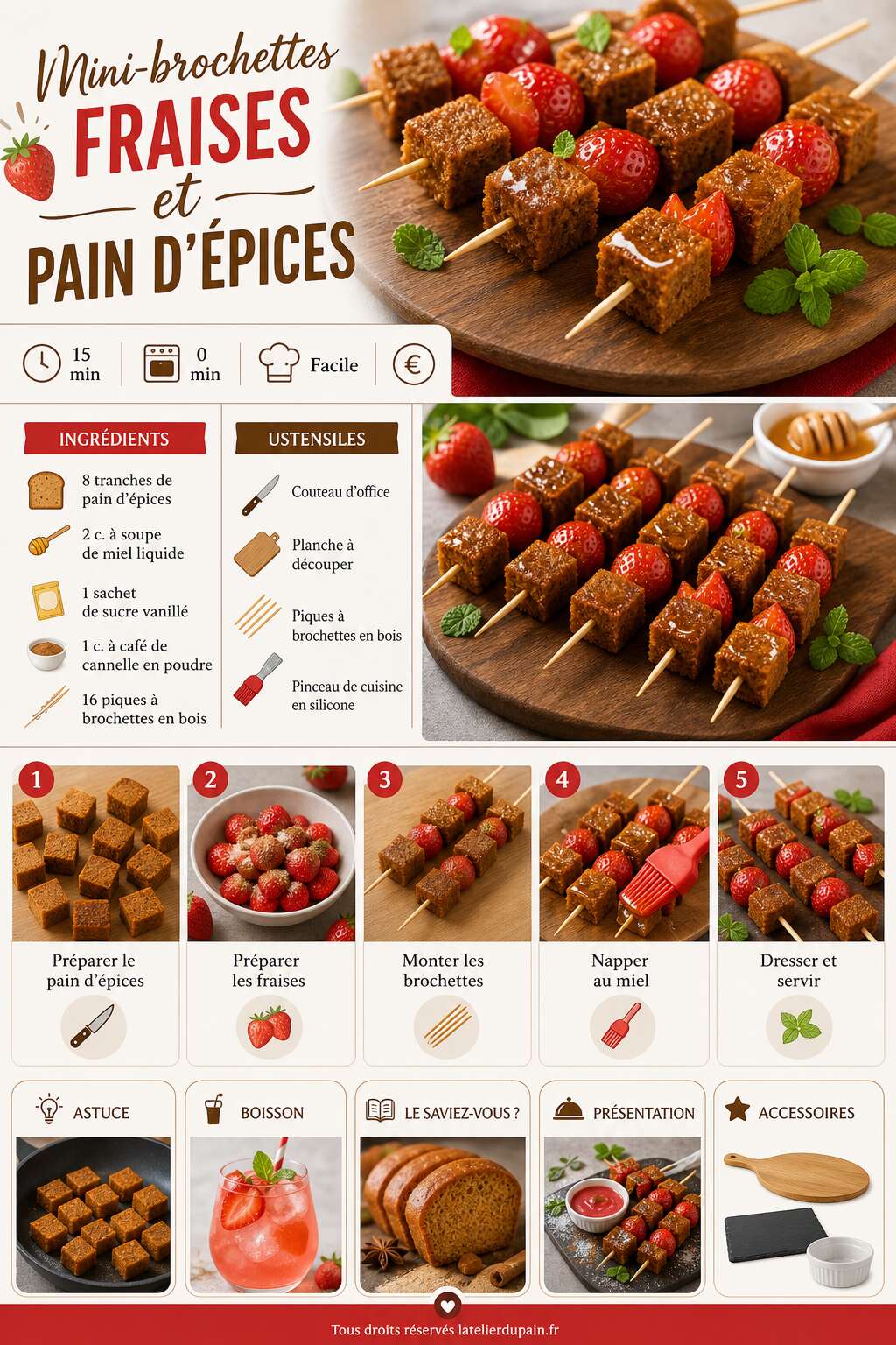 Fiche recette Recette de mini-brochettes fraises et pain d'&eacute;pices