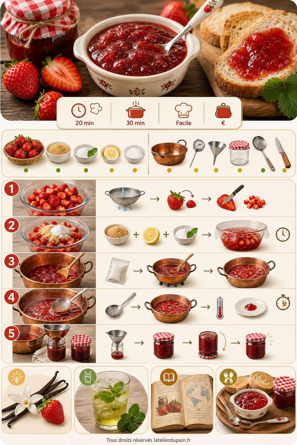 Fiche recette Recette de confiture de fraises all&eacute;g&eacute;e au sucre roux et st&eacute;via