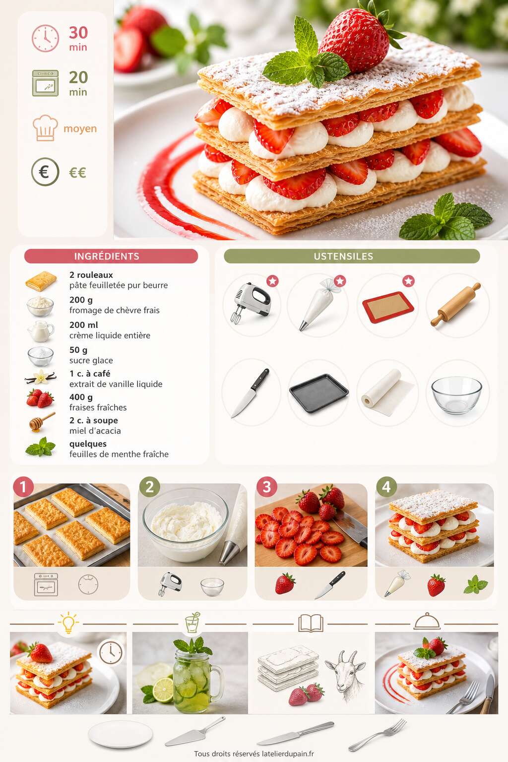 Fiche recette Recette du millefeuille de fraise &agrave; la cr&egrave;me de ch&egrave;vre