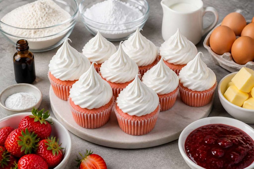 Recette de cupcakes aux fraises à la crème meringuée