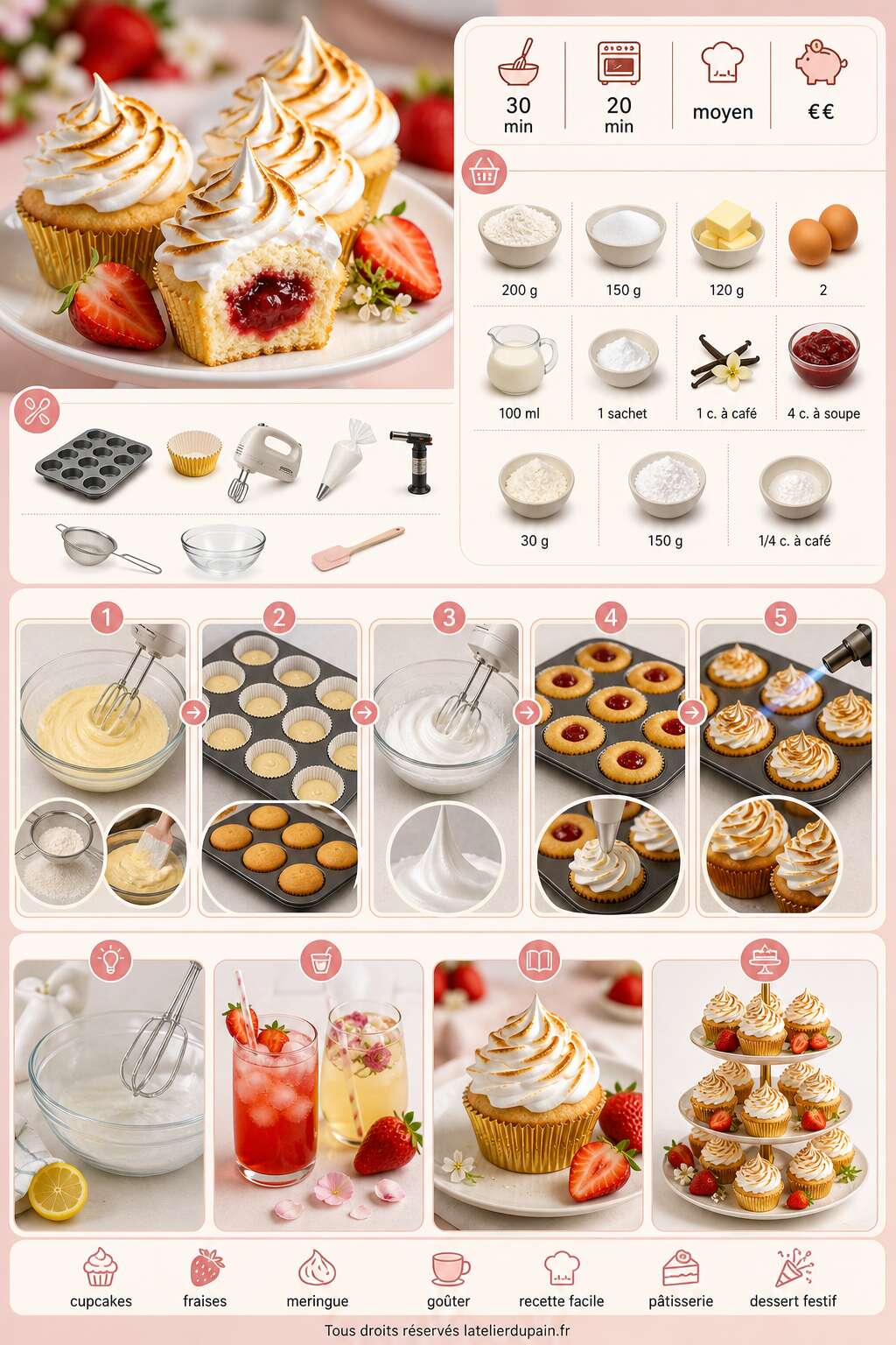 Fiche recette Recette de cupcakes aux fraises à la crème meringuée Fiche recette Recette de cupcakes aux fraises à la crème meringuée