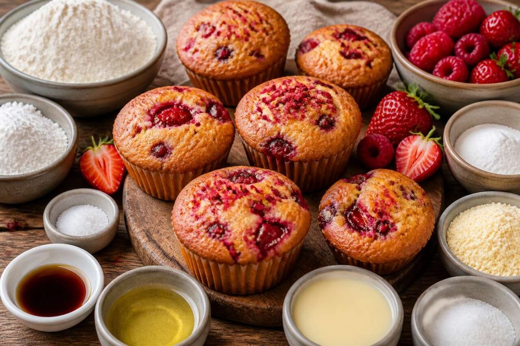 Recette de muffins aux fraises confites et framboises