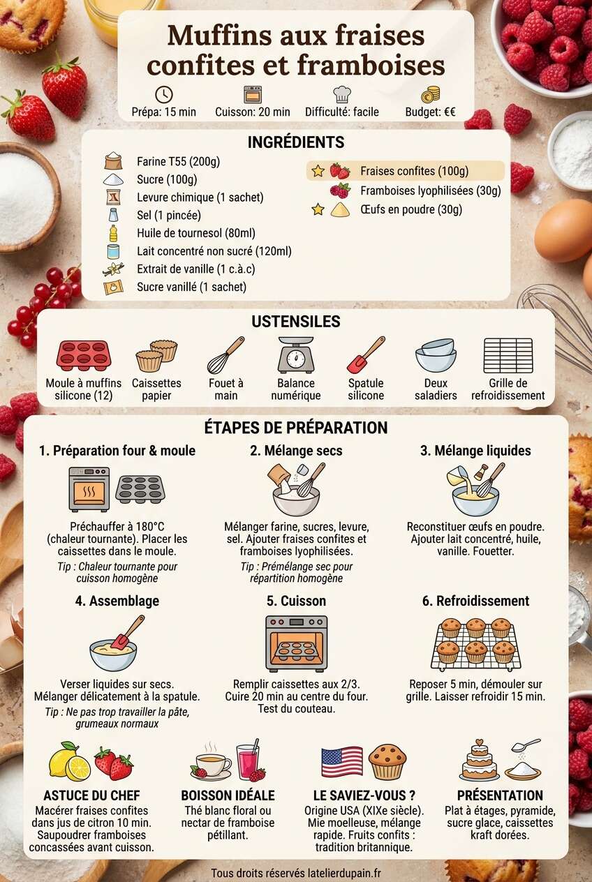Fiche recette Recette de muffins aux fraises confites et framboises