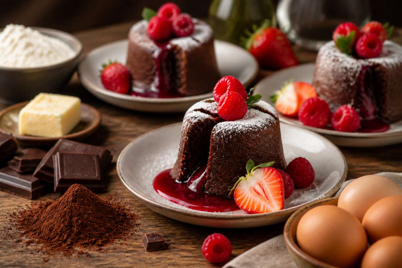 Recette de volcans moelleux aux framboises et fraises