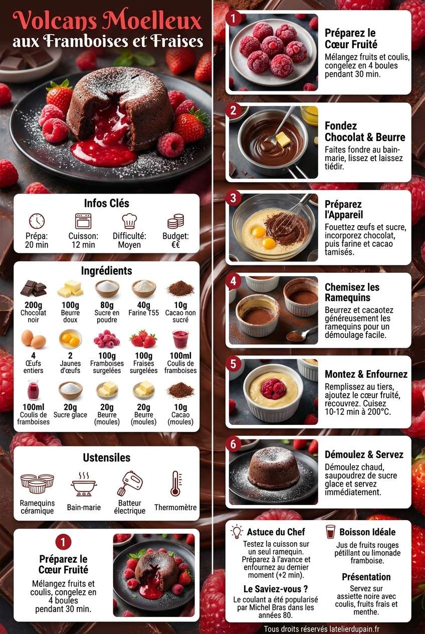 Fiche recette Recette de volcans moelleux aux framboises et fraises