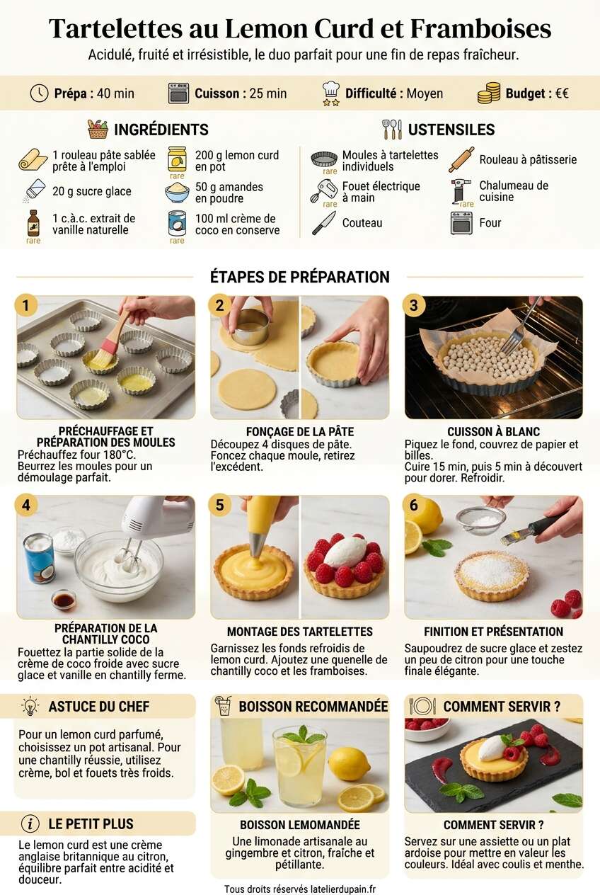 Fiche recette Recette de tartelettes au lemon curd et framboises
