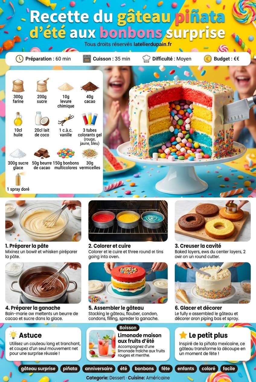 Fiche recette Recette du g&acirc;teau pi&ntilde;ata d'&eacute;t&eacute; aux bonbons surprise