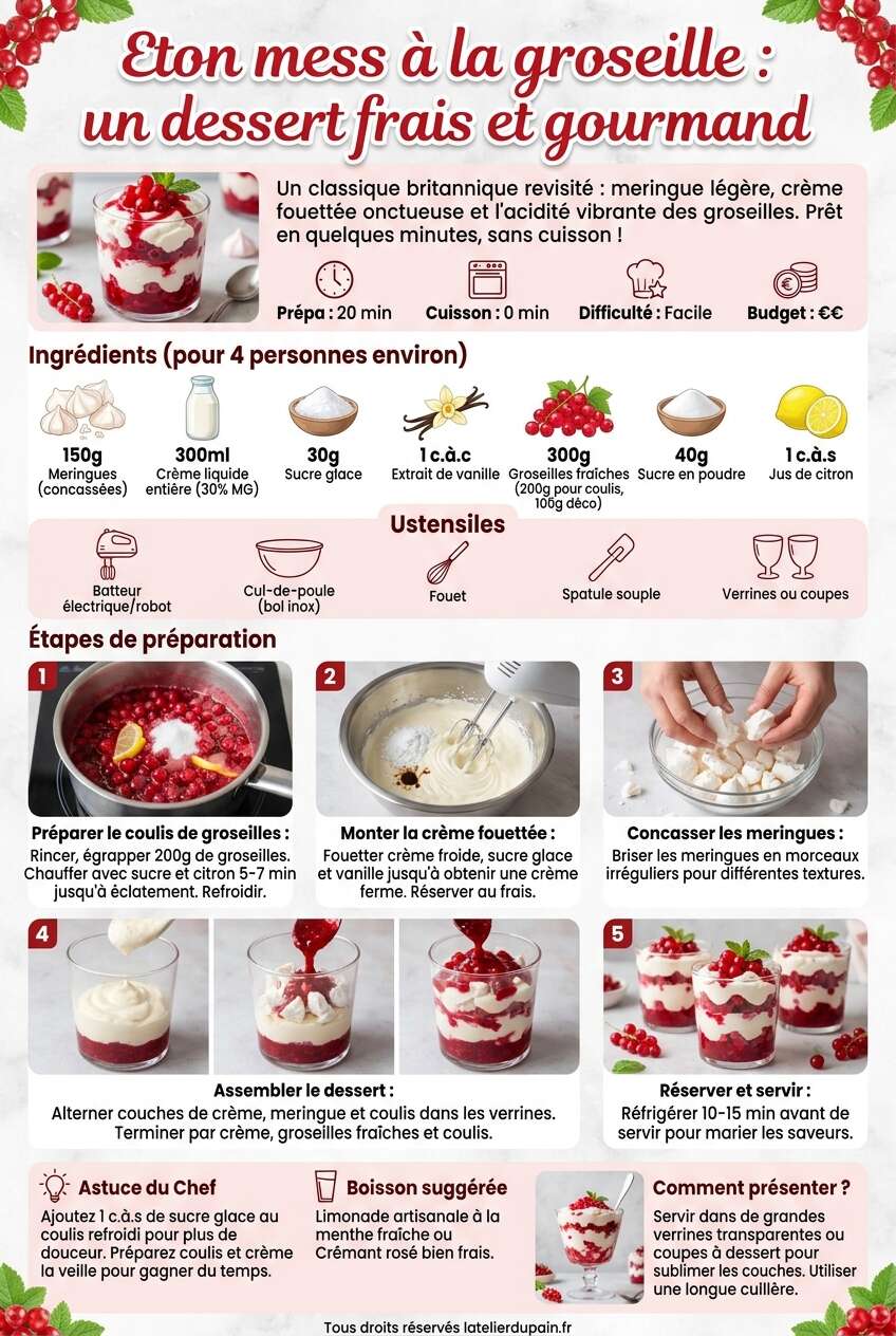 Fiche recette Recette de l'Eton mess à la groseille : un dessert frais et gourmand Fiche recette Recette de l'Eton mess à la groseille : un dessert frais et gourmand