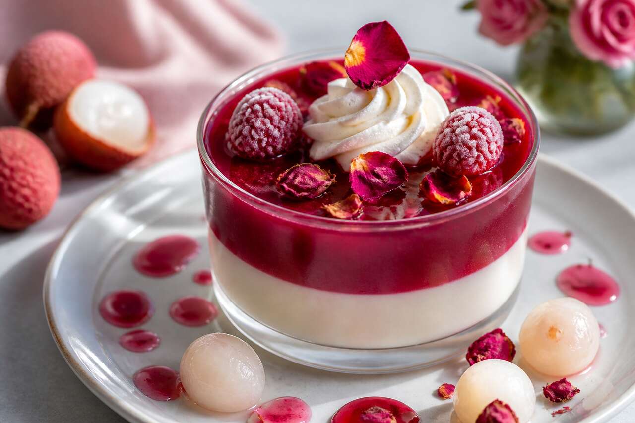 Recette de douceurs aux litchis, framboises et rose
