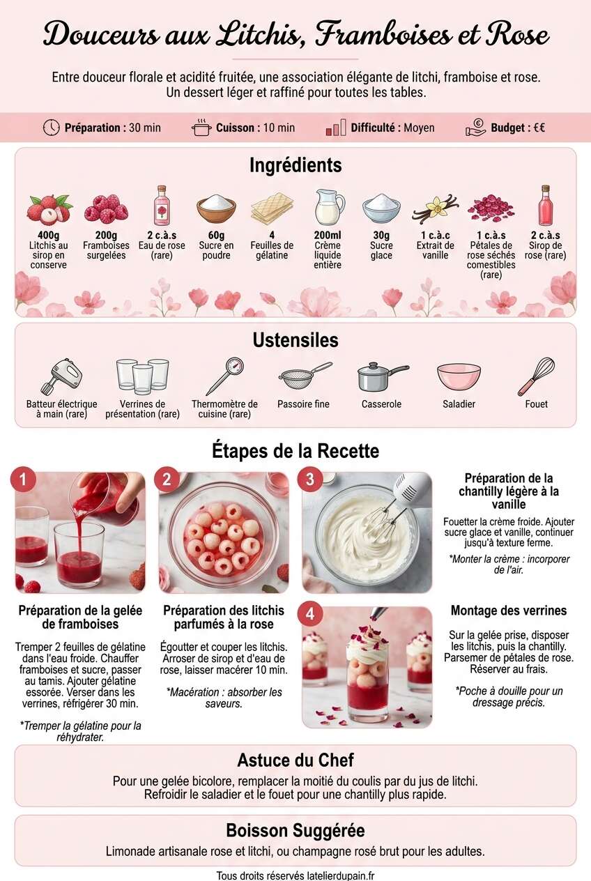 Fiche recette Recette de douceurs aux litchis, framboises et rose Fiche recette Recette de douceurs aux litchis, framboises et rose