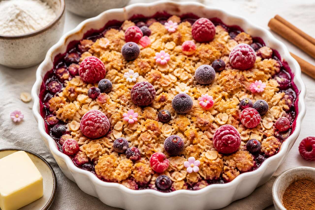 Recette de crumbles minute aux fruits rouges et sucre de fleurs