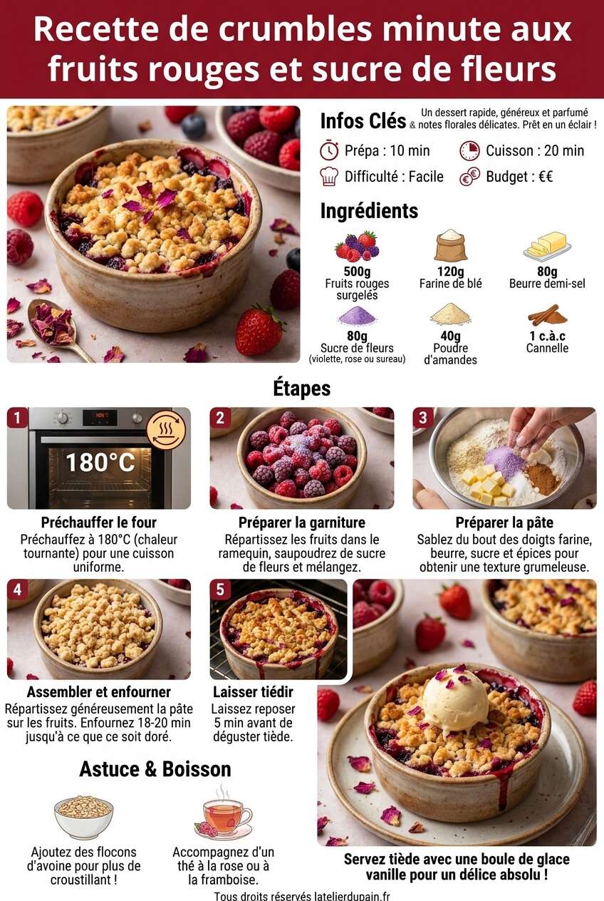 Fiche recette Recette de crumbles minute aux fruits rouges et sucre de fleurs Fiche recette Recette de crumbles minute aux fruits rouges et sucre de fleurs