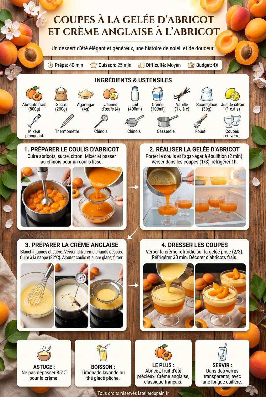 Fiche recette Recette de coupes &agrave; la gel&eacute;e d'abricot et cr&egrave;me anglaise &agrave; l'abricot