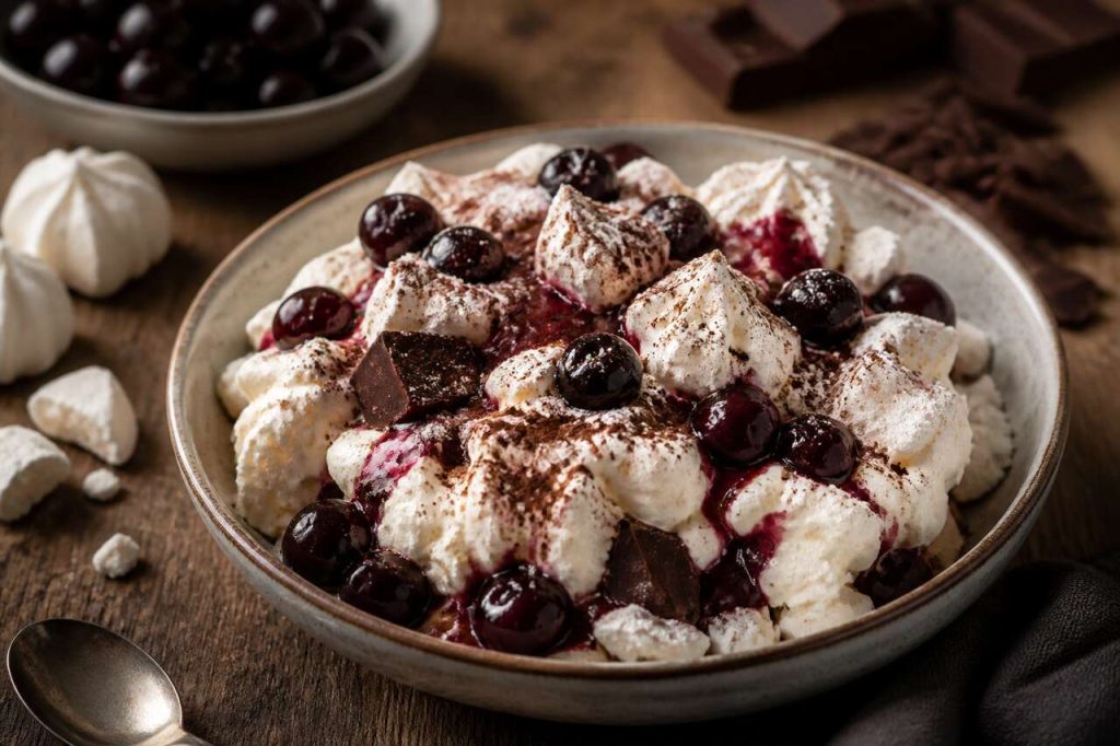 Recette d'Eton mess chantilly et meringue aux cerises et chocolat de Cyril Lignac