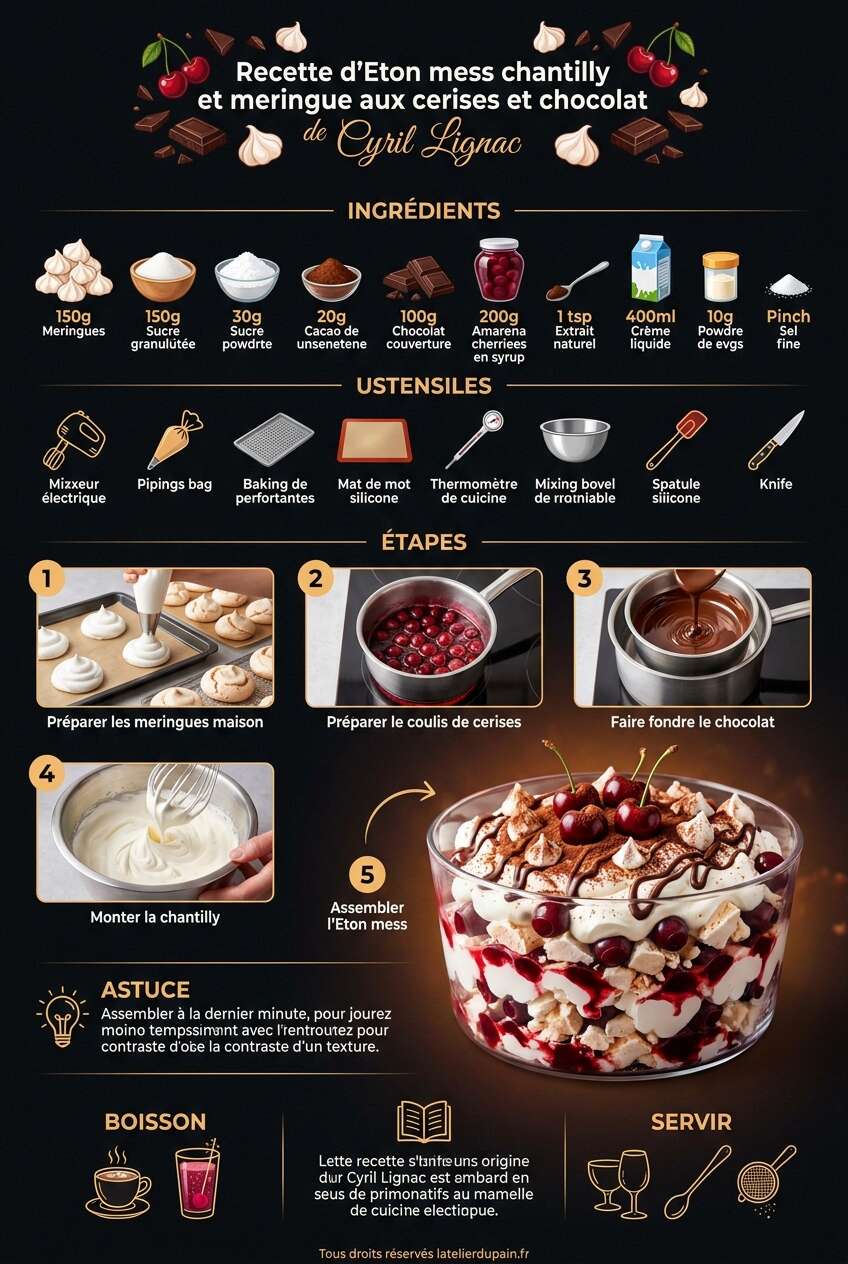 Fiche recette Recette d'Eton mess chantilly et meringue aux cerises et chocolat de Cyril Lignac