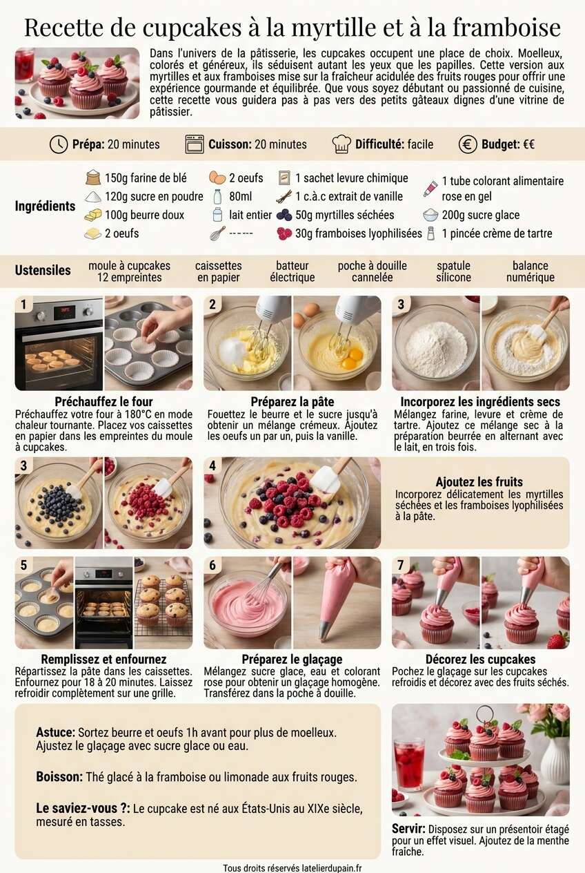 Fiche recette Recette de cupcakes &agrave; la myrtille et &agrave; la framboise