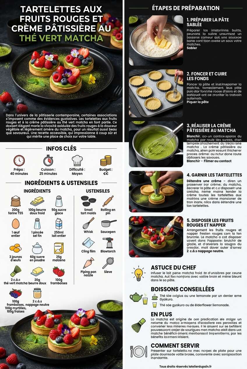 Fiche recette Recette de tartelettes aux fruits rouges et cr&egrave;me p&acirc;tissi&egrave;re au th&eacute; vert matcha