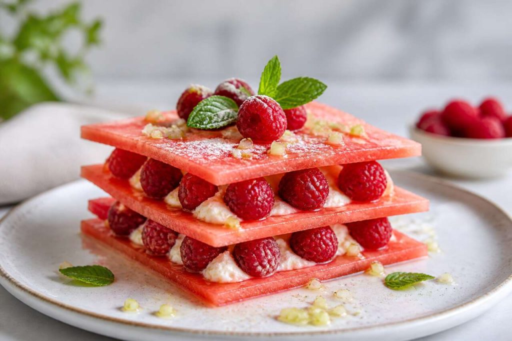 Recette du millefeuille de pastèque, framboises et sirop de litchi-citronnelle