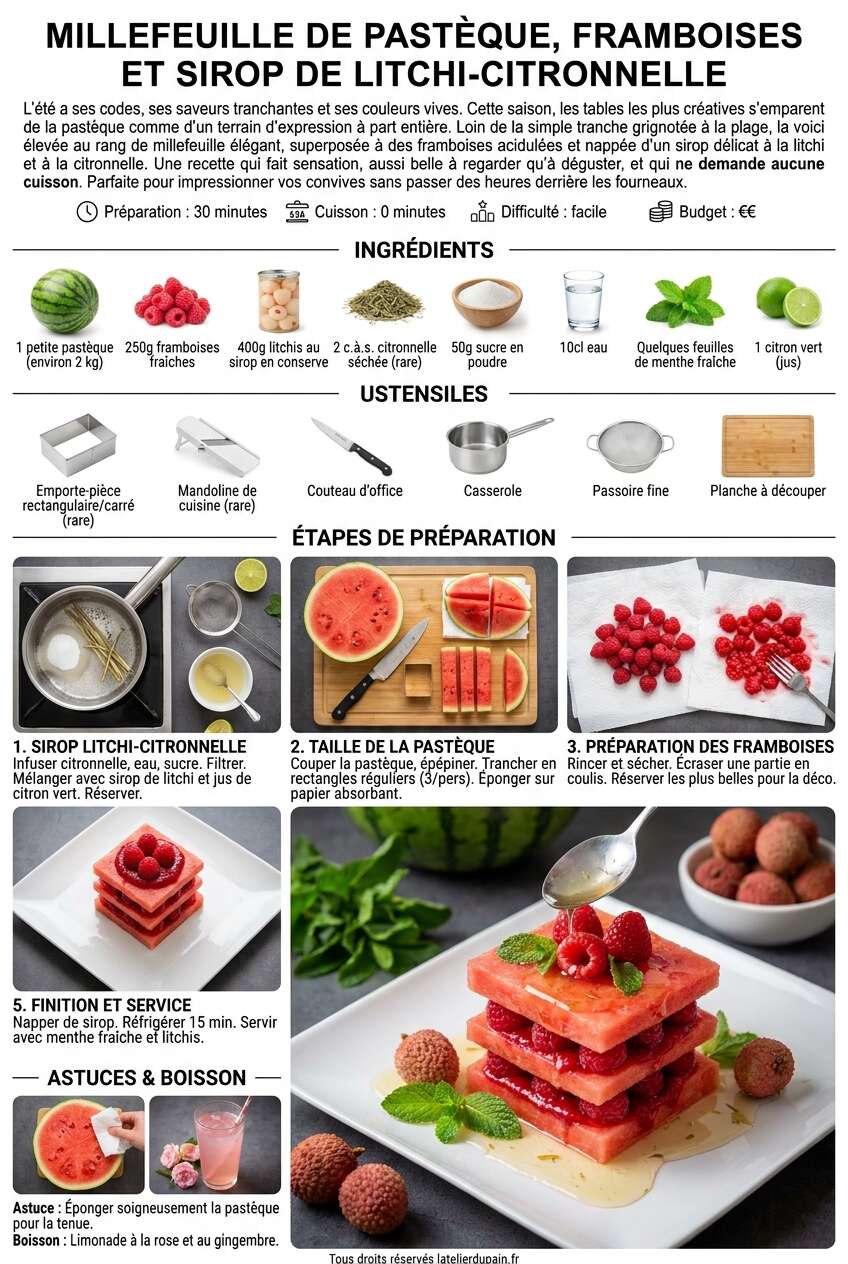 Fiche recette Recette du millefeuille de past&egrave;que, framboises et sirop de litchi-citronnelle