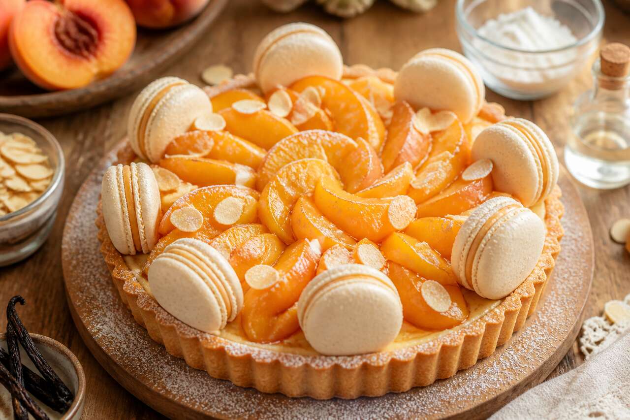 Recette de tarte aux pêches et aux macarons