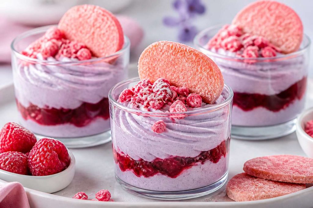 Recette de verrines de framboises, crème à la violette et pralines roses