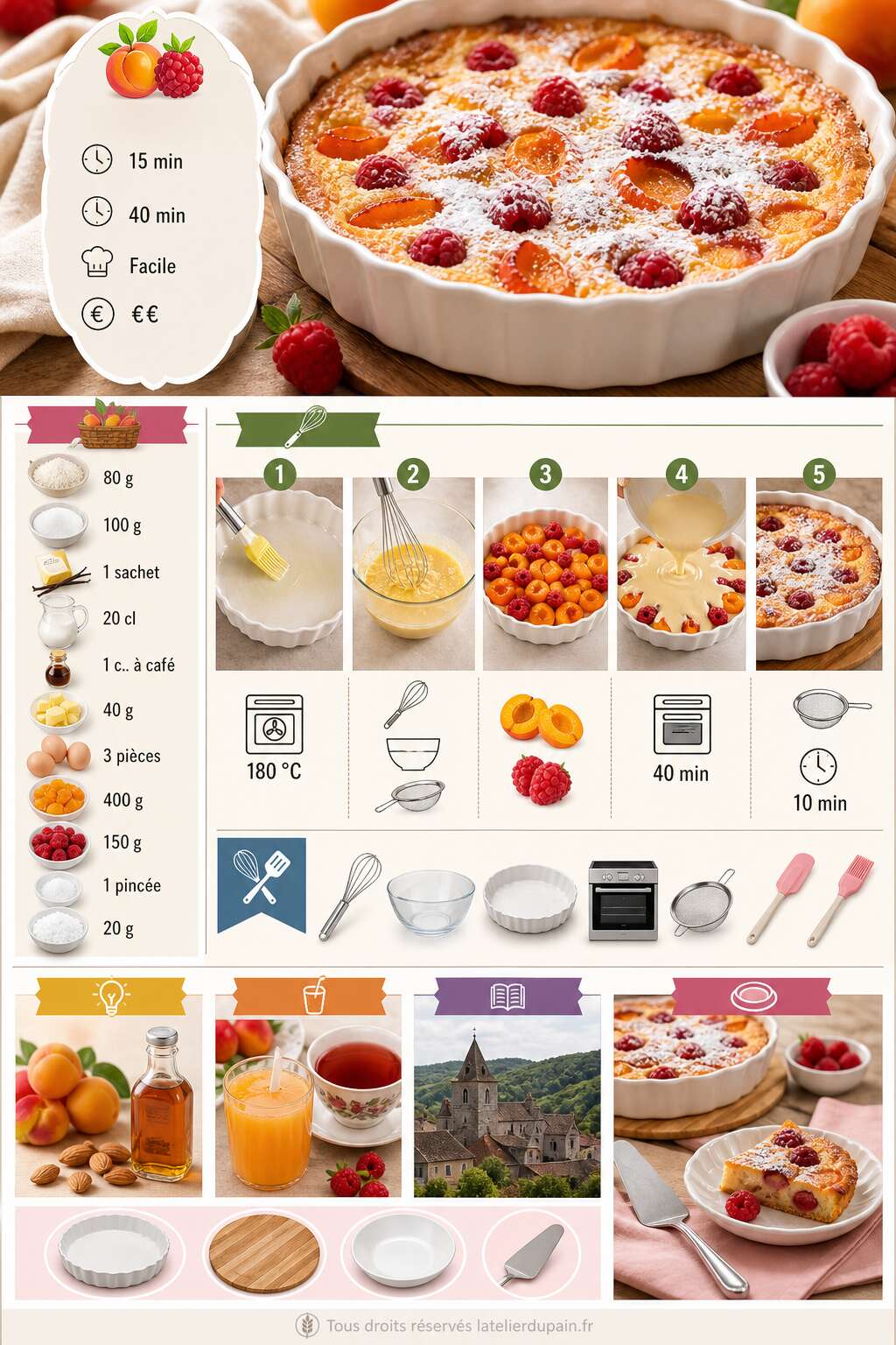 Fiche recette Recette du clafoutis aux abricots et aux framboises Fiche recette Recette du clafoutis aux abricots et aux framboises
