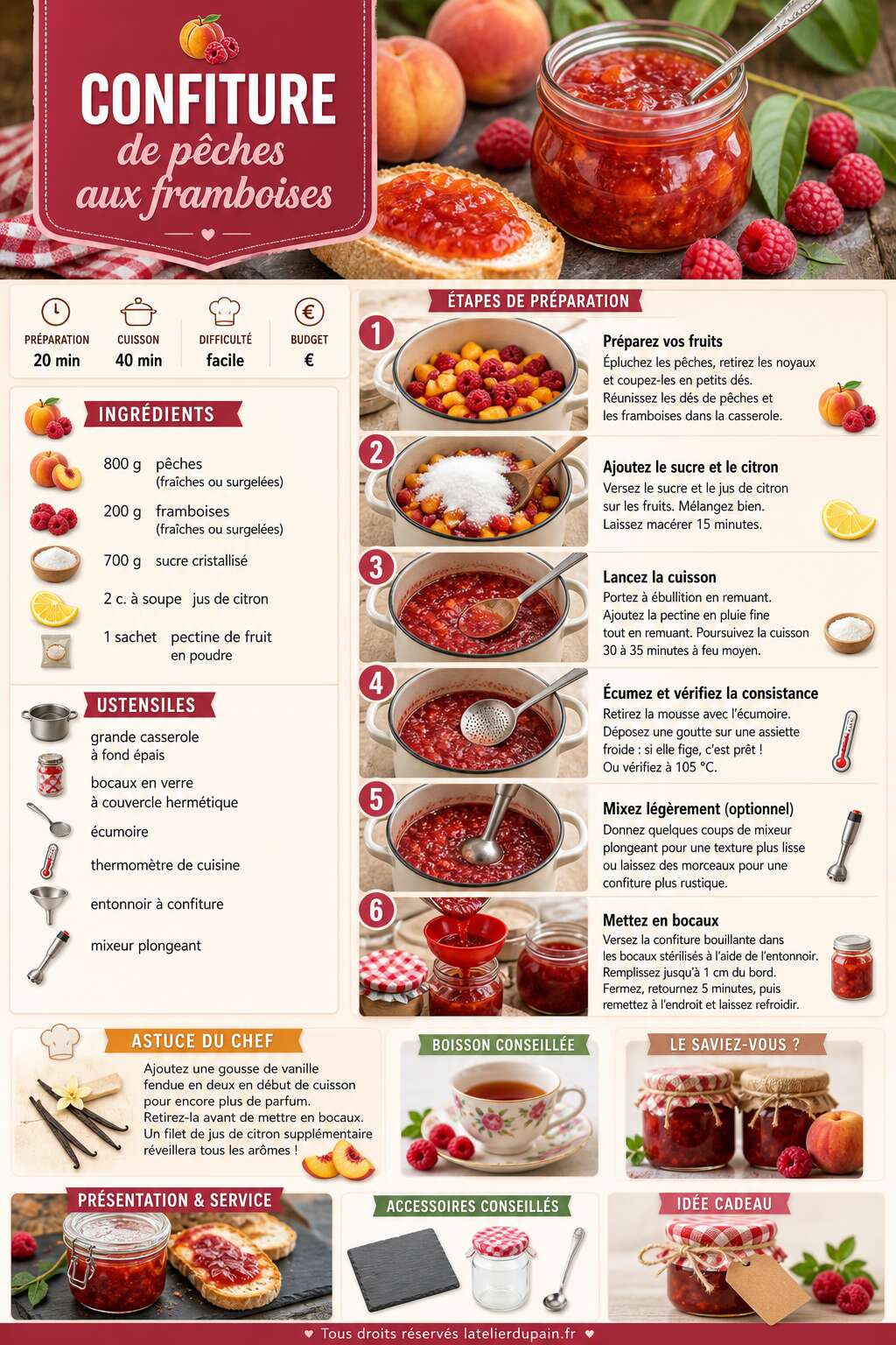 Fiche recette Recette de confiture de pêches aux framboises facile et gourmande Fiche recette Recette de confiture de pêches aux framboises facile et gourmande