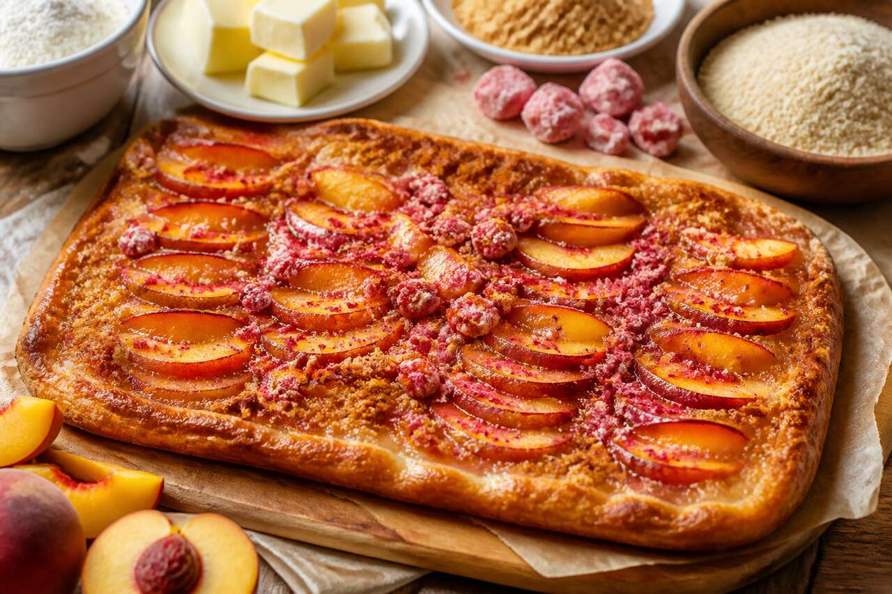 Recette du crumble aux pêches plates et pralines roses