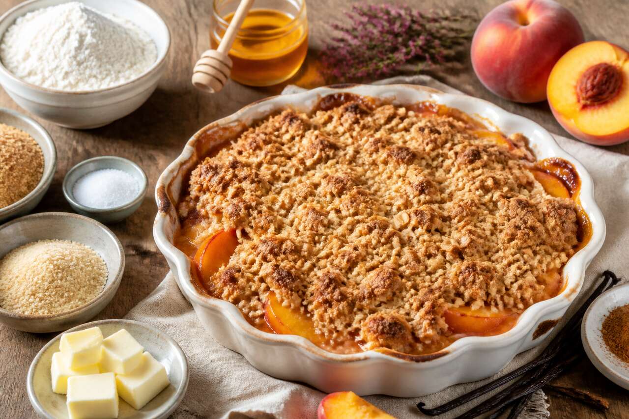 Recette du crumble de pêches au miel de bruyère