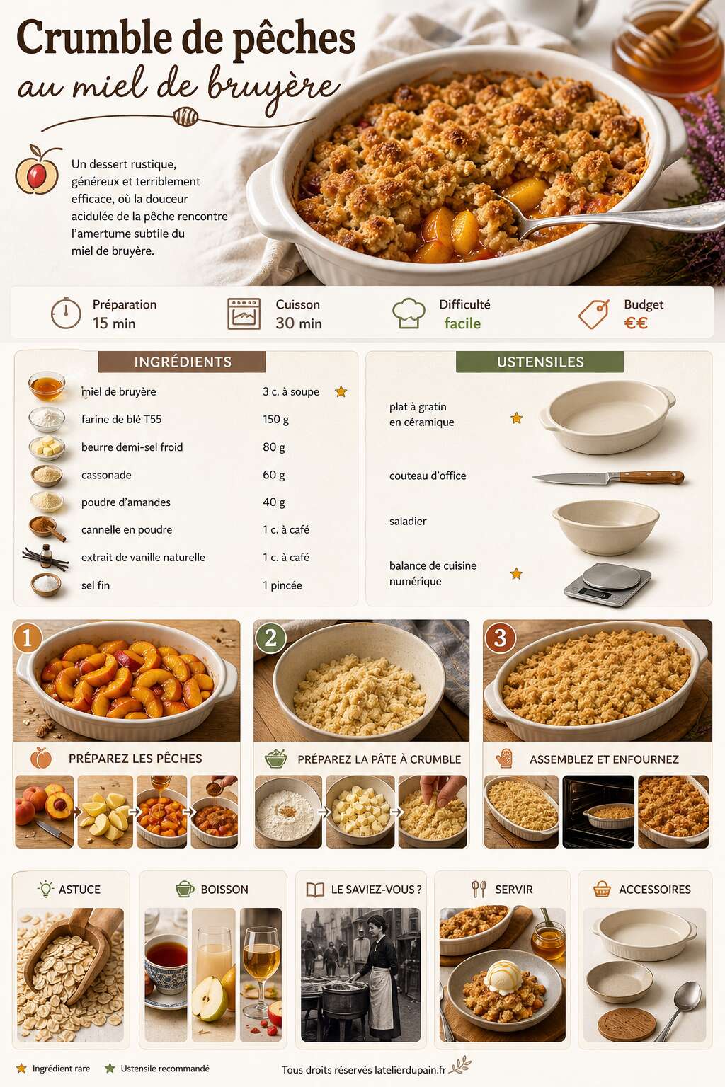 Fiche recette Recette du crumble de p&ecirc;ches au miel de bruy&egrave;re