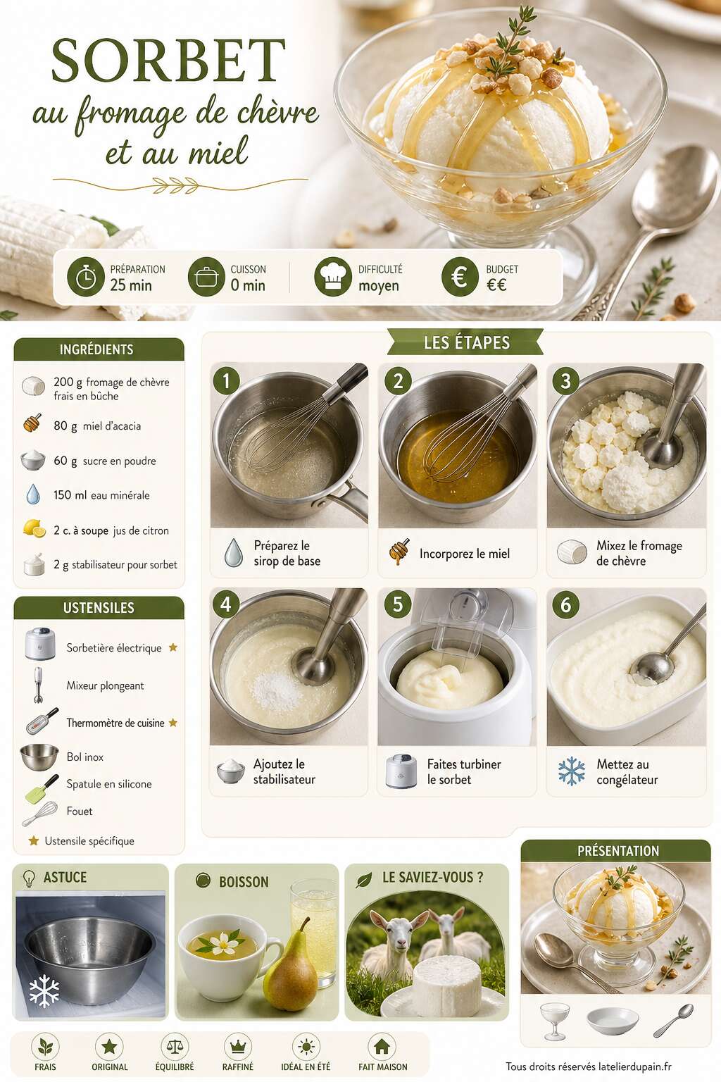 Fiche recette Recette du sorbet au fromage de chèvre et au miel Fiche recette Recette du sorbet au fromage de chèvre et au miel