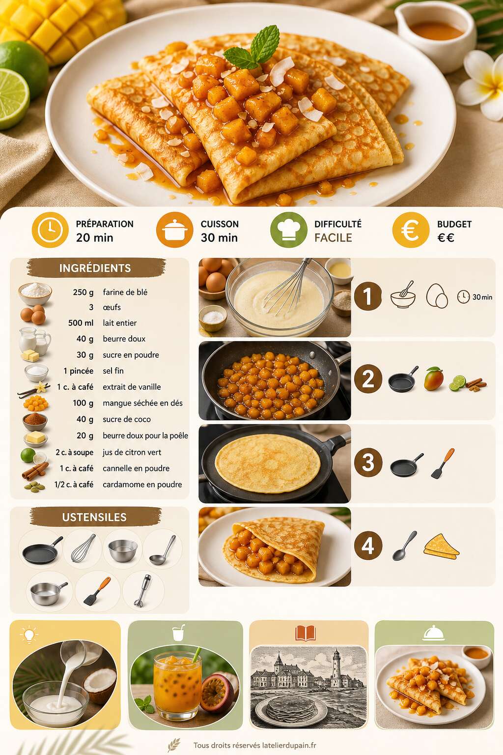 Fiche recette Recette de crêpes à la mangue poêlée Fiche recette Recette de crêpes à la mangue poêlée