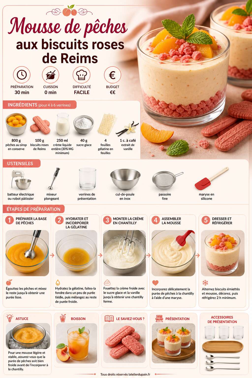 Fiche recette Recette de mousse de pêches aux biscuits roses de Reims Fiche recette Recette de mousse de pêches aux biscuits roses de Reims