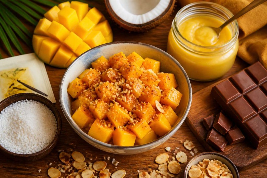 Recette de dés de mangue au pralin et lemon curd