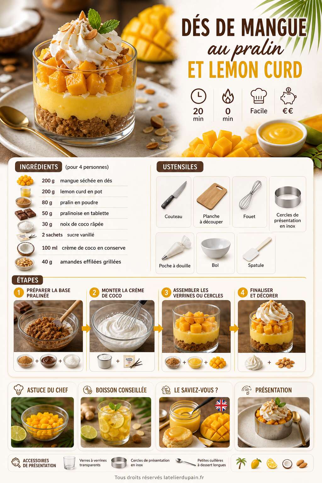 Fiche recette Recette de d&eacute;s de mangue au pralin et lemon curd