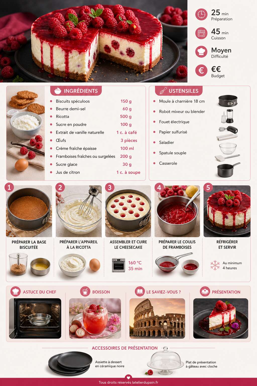 Fiche recette Recette du cheesecake aux framboises et à la ricotta Fiche recette Recette du cheesecake aux framboises et à la ricotta