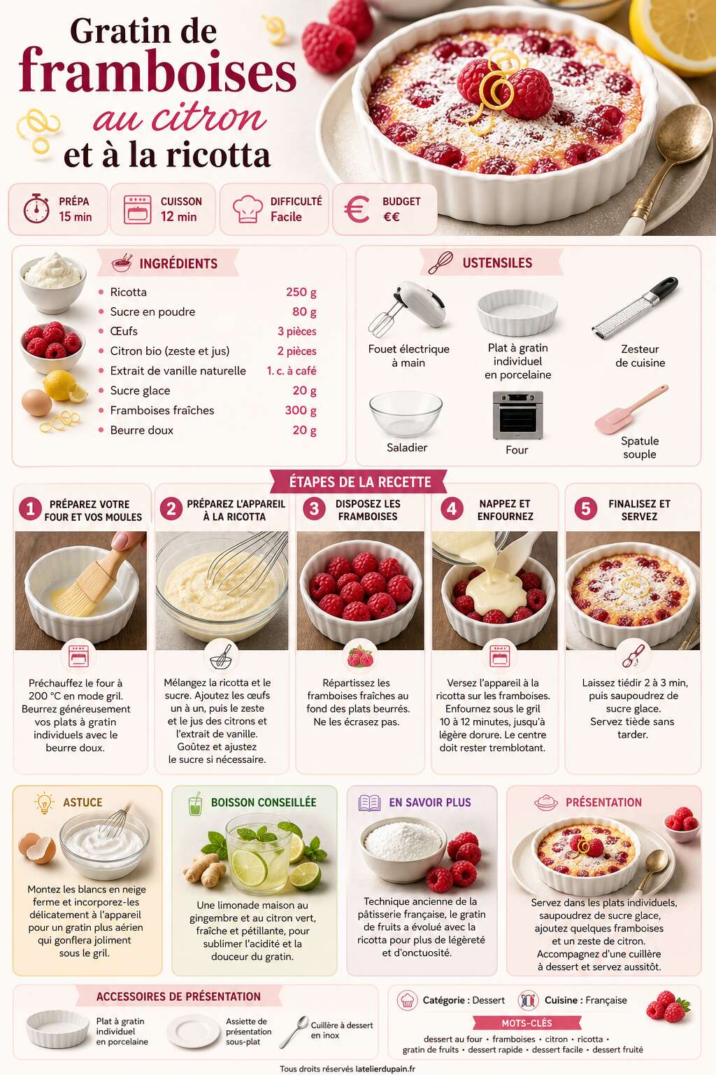 Fiche recette Recette du gratin de framboises au citron et &agrave; la ricotta