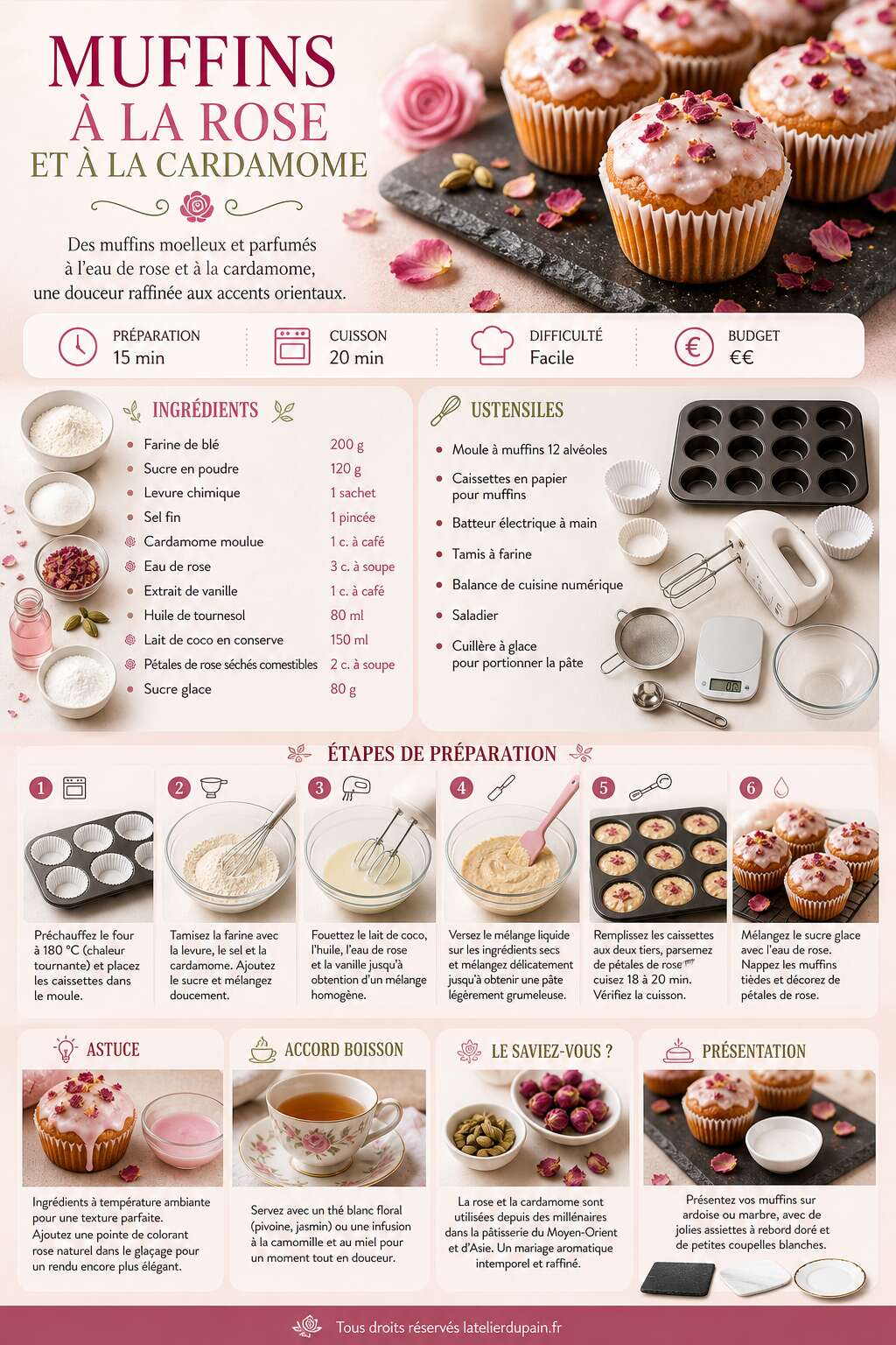 Fiche recette Recette de muffins &agrave; la rose et &agrave; la cardamome