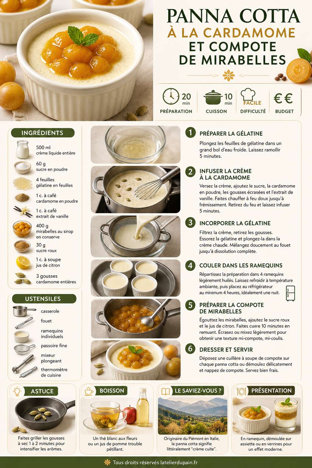 Fiche recette Recette de panna cotta à la cardamome et compote de mirabelles Fiche recette Recette de panna cotta à la cardamome et compote de mirabelles