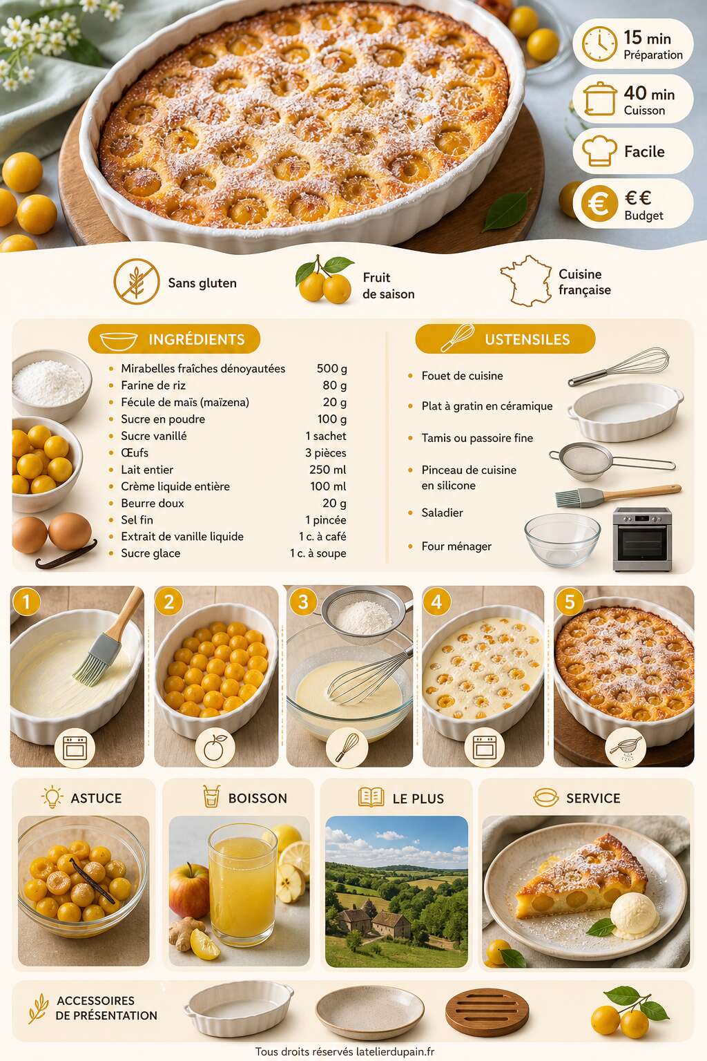 Fiche recette Recette du clafoutis aux mirabelles sans gluten