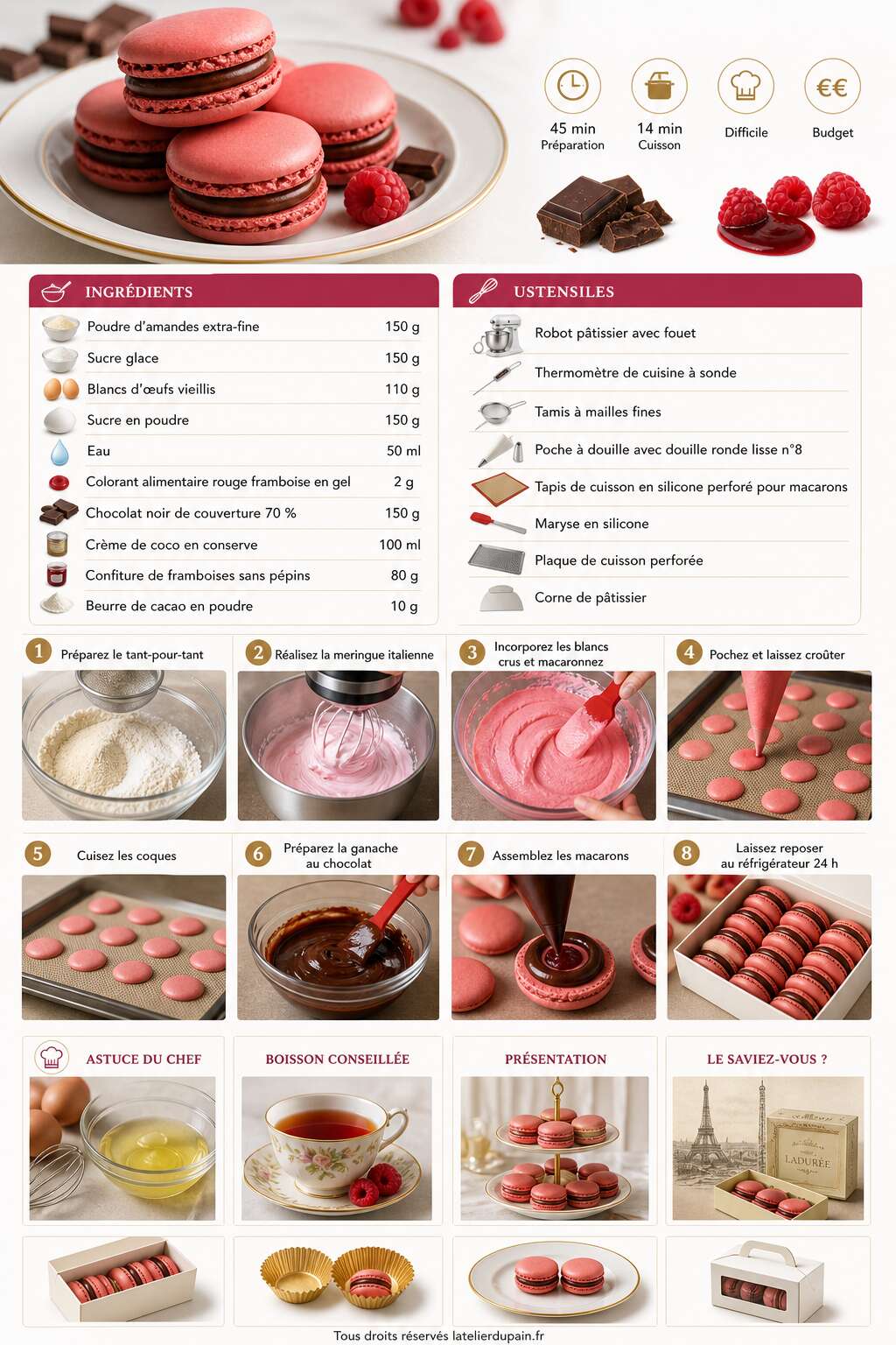 Fiche recette Recette de macarons au chocolat et aux framboises Fiche recette Recette de macarons au chocolat et aux framboises