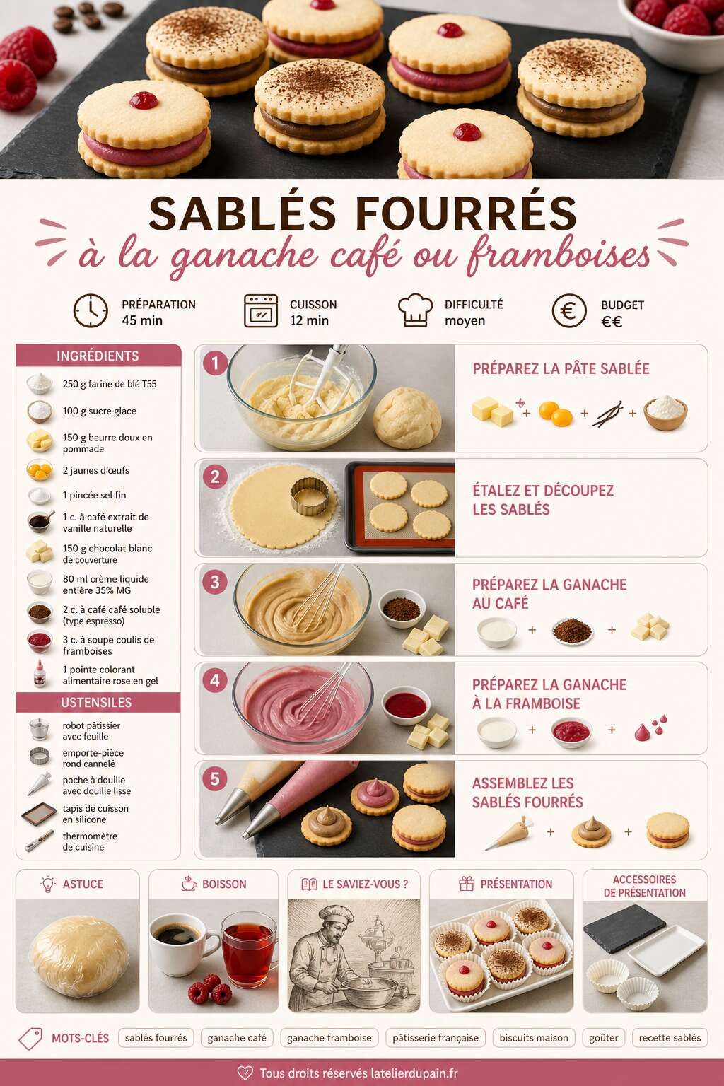 Fiche recette Recette de sablés fourrés à la ganache café ou framboises Fiche recette Recette de sablés fourrés à la ganache café ou framboises