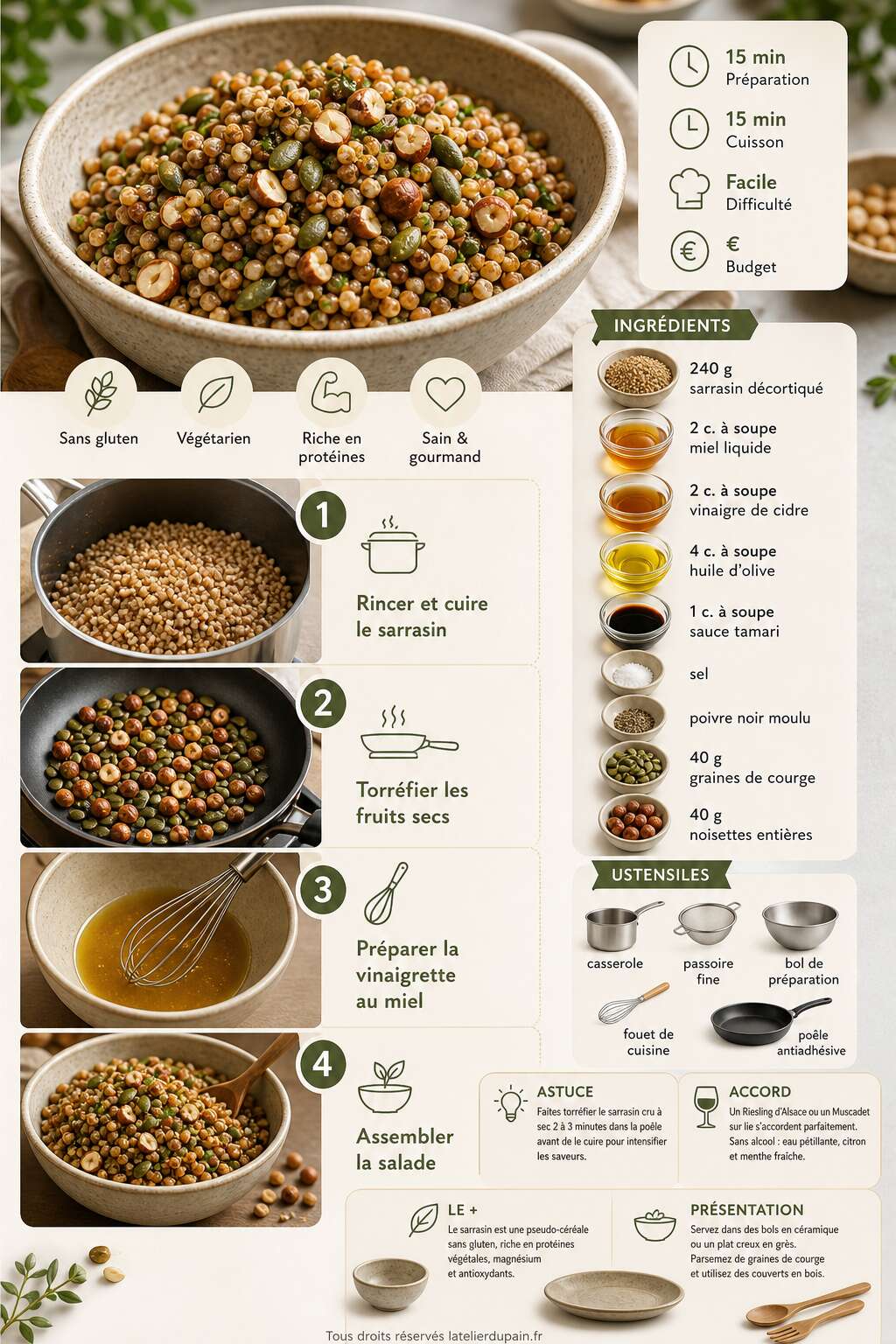 Fiche recette Recette de salade de sarrasin au miel et échalotes Fiche recette Recette de salade de sarrasin au miel et échalotes