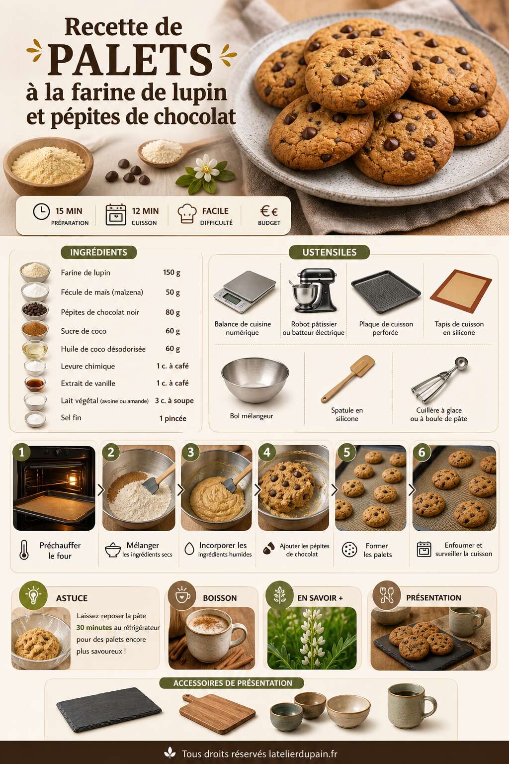 Fiche recette Recette de palets à la farine de lupin et pépites de chocolat Fiche recette Recette de palets à la farine de lupin et pépites de chocolat