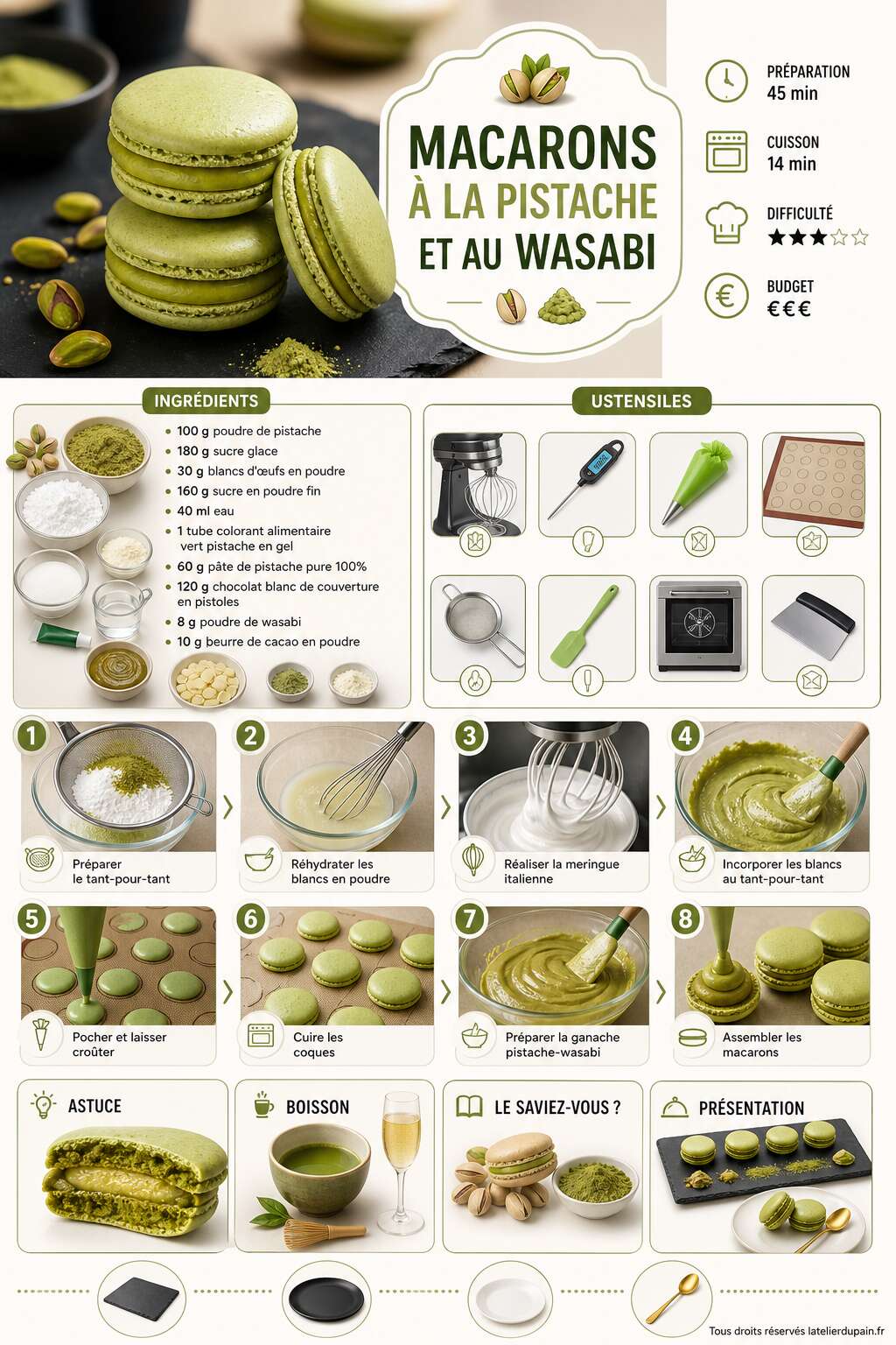 Fiche recette Recette de macarons à la pistache et au wasabi Fiche recette Recette de macarons à la pistache et au wasabi