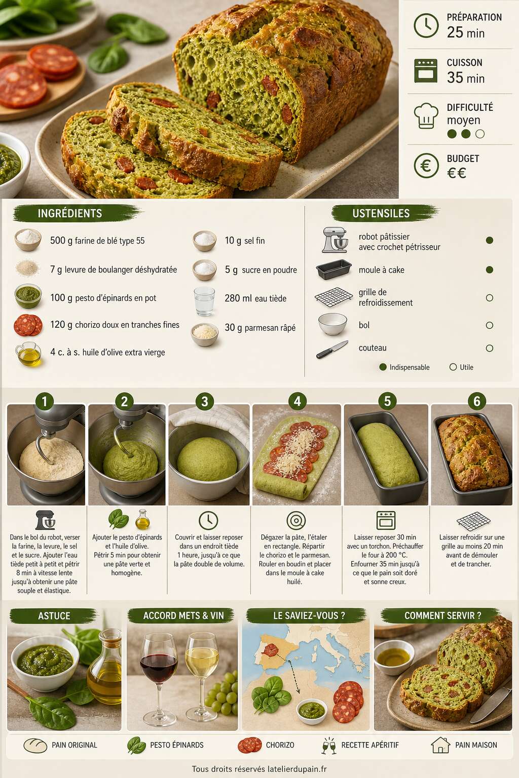 Fiche recette Pain tout vert au pesto d'&eacute;pinards et chorizo : la recette originale et savoureuse